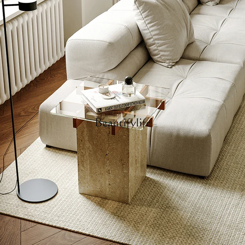 

ls 04Wabi Sand Wind Natural Travertine Corner Table Creative Glass Mini Small Coffee Table Red Oak