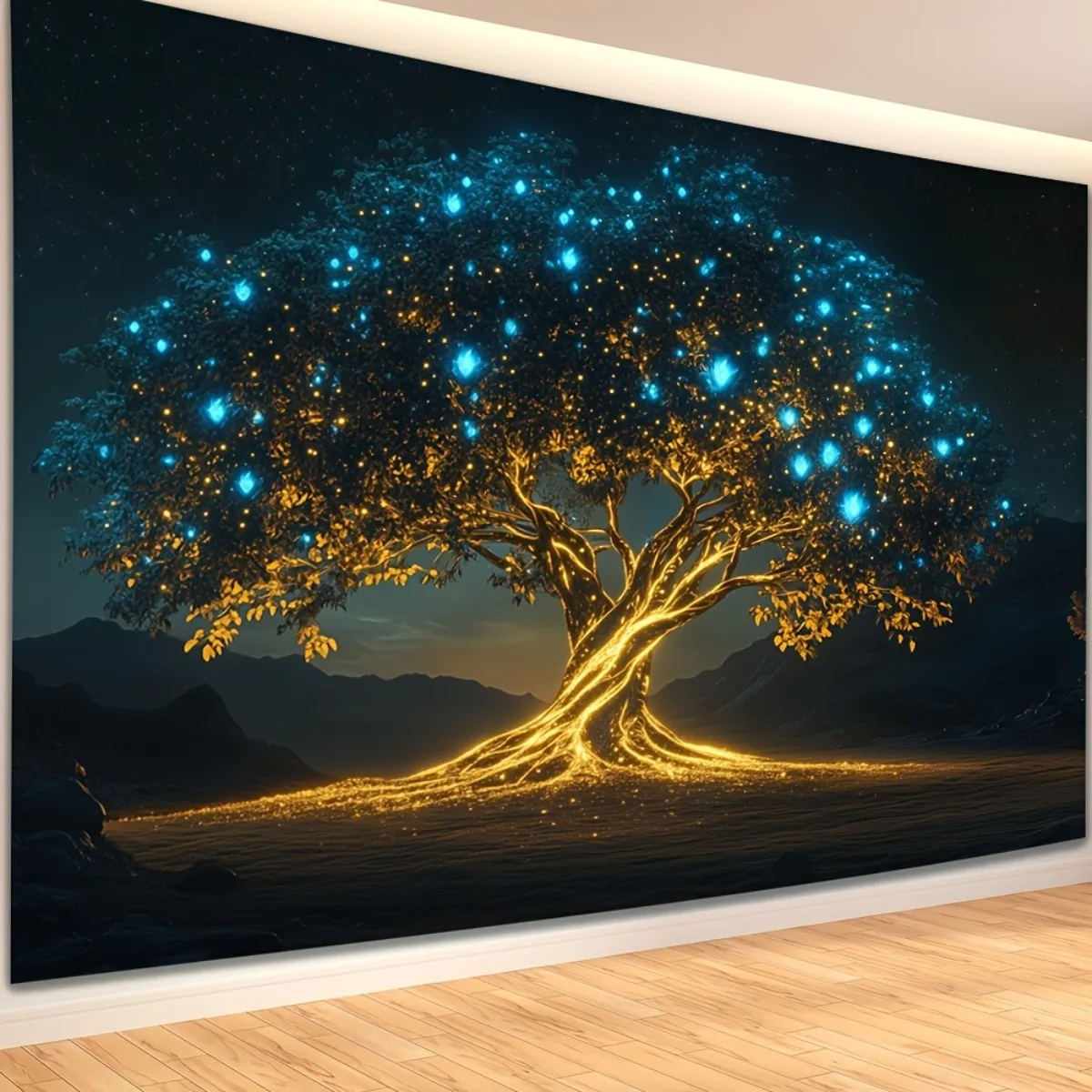 Glowing Tree Tapestry - Magical Life Tree with Blue Lights, Golden Roots, Fantasy Wall Art, Polyester, Multiple Sizes