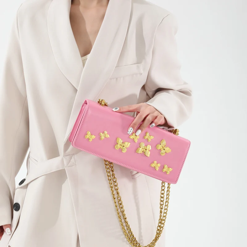 Luxury Designer Women Korean Y2K Underarm Bags Butterfly Prom Handbags And Purse Pink White Chain Messenger Bags Evening Clutch