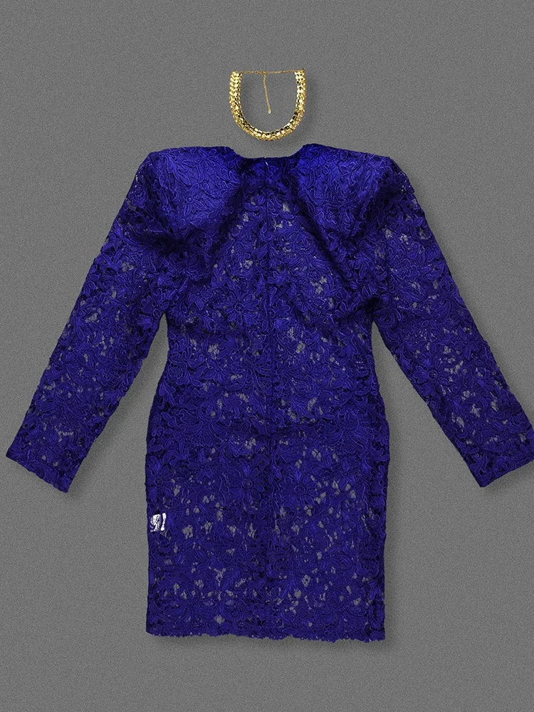 Sexy O cou manches longues voir à travers la robe en dentelle avec tour de cou femmes bleu évider pure Mini robes Cocktail robe de soirée