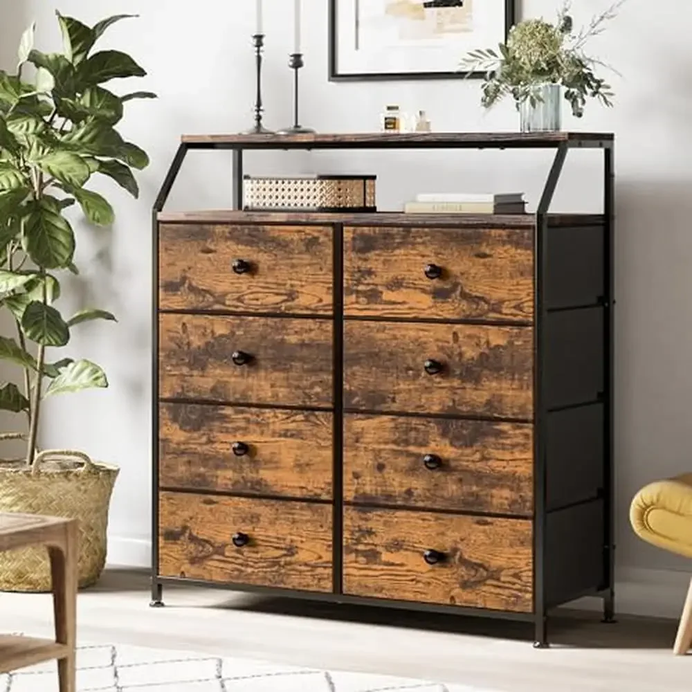 Rustic Brown 8-Drawer Dresser with Steel Frame and Wood Top Tall Storage Tower Bedroom Living Room Easy Assembly Multipurpose