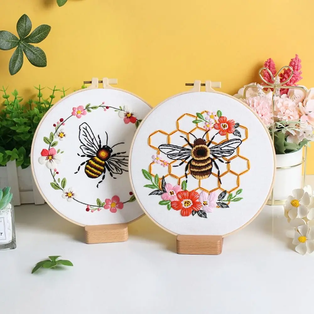 DIY Honeybee Flower Embroidery Kit Floral Patterns Handmade Cross Stitch Set Hand-stitched Colorful Embroidery Set Adults