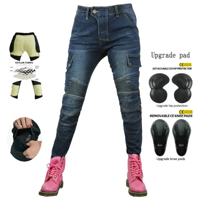 Loong Biker Motorcycle Female Riding Trousers Moto Pants Material Inside Girl's Jeans Wear-Resistant Casual Blue Color With Gear