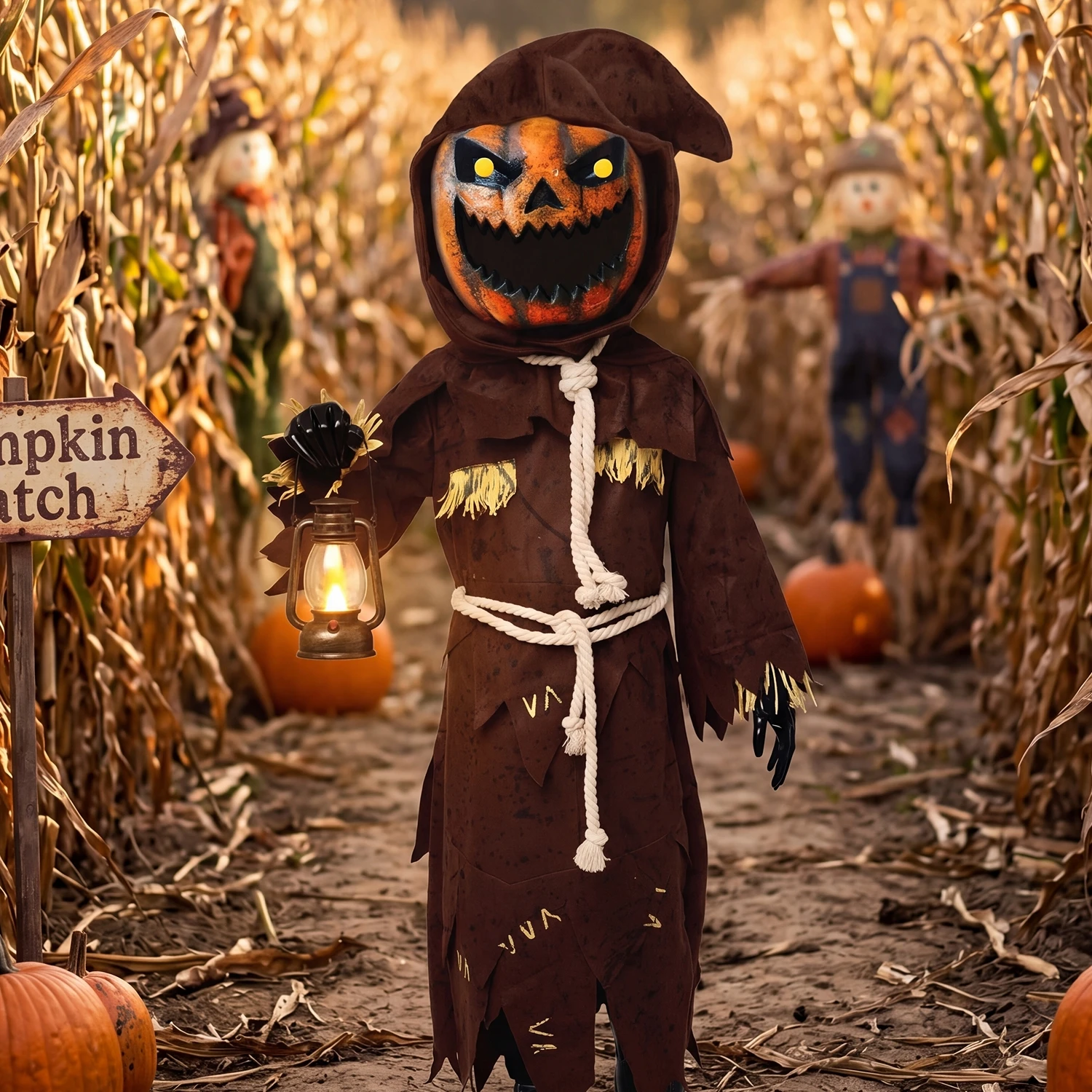 Costume da spaventapasseri spaventoso di Sloosh per bambini, costume di Halloween per ragazzi con testa di zucca, abito a tema zucca per ragazzi.