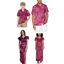 New Family Summer Clothes Girls Polynesian Matching Set 4Pcs Dresses & Shirt Tribal Girls' For Kids Parent-Child Outfit Sets