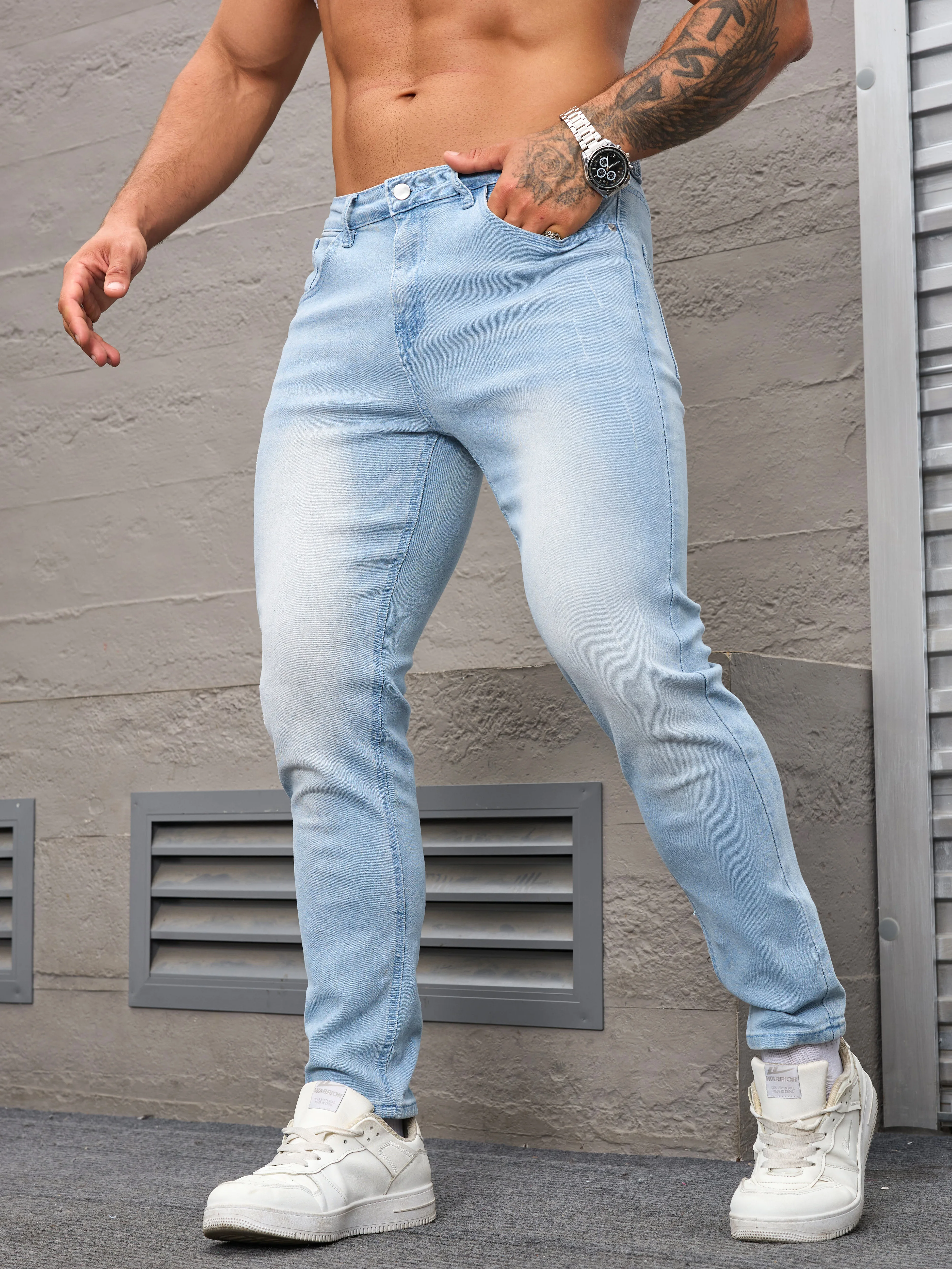 

Мужские повседневные небесно-голубые эластичные облегающие джинсы - брюки из эластичной ткани из искусственного денима All Seaason Comfort Мужские брюки