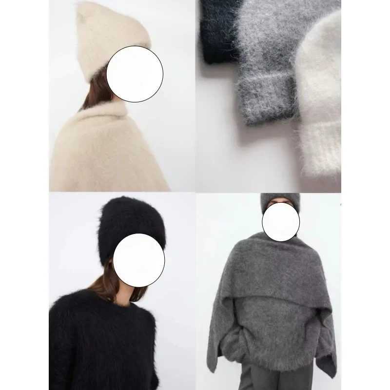 TT@ LUXURY Camel Wool Knitted Hat Women's Ribbed Brimless Hat Cold Hat Furry Autumn and Winter Warm Commuting Style