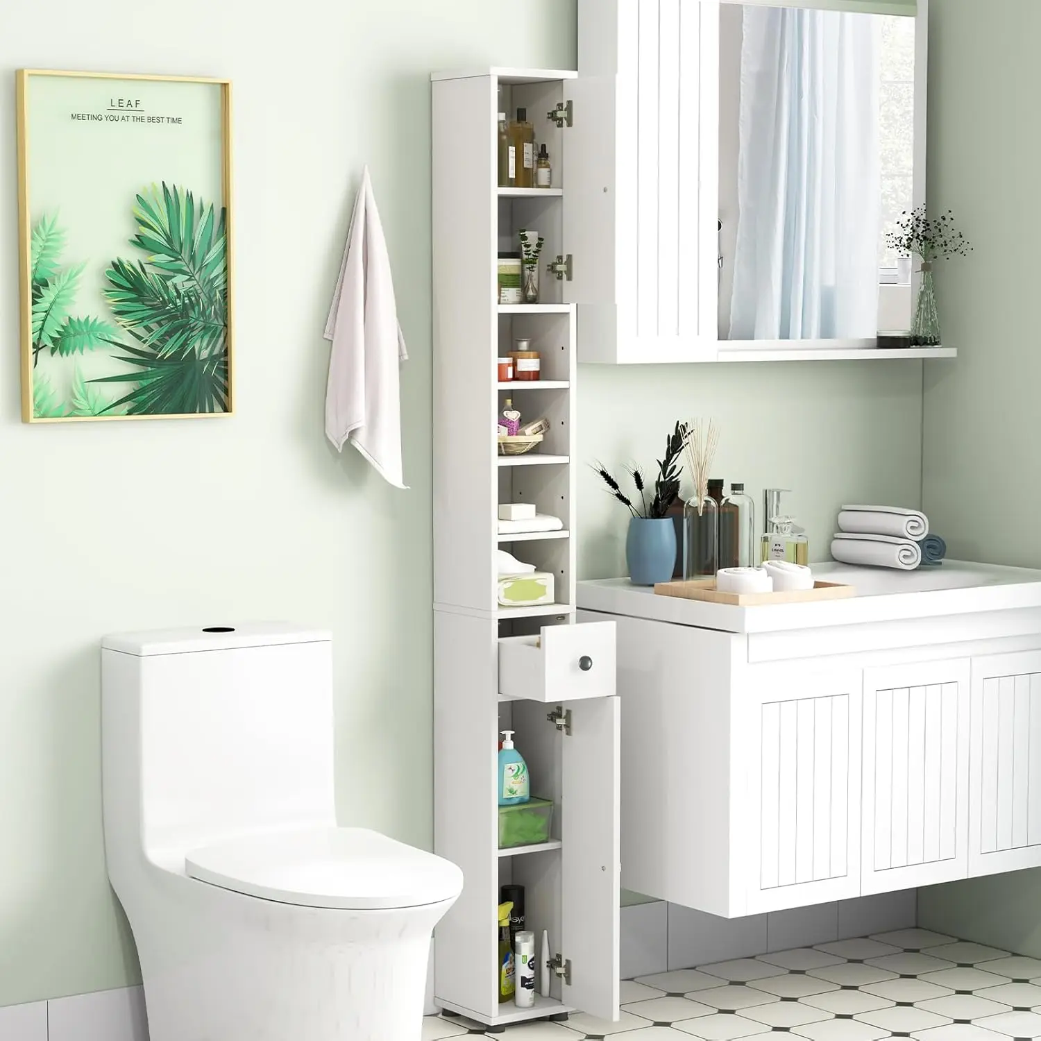 Tall Slim Bathroom Storage Cabinet, 71' Freestanding Bathroom Cabinet With 2 Doors, 1 Drawer & 5 Adjustable Shelves, Customized