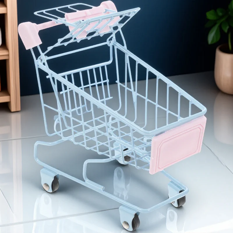 รถเข็นช็อปปิ้งจิ๋ว 1 ชิ้น สำหรับจัดเก็บของบนโต๊ะ สำหรับเด็กและผู้ใหญ่ ของตกแต่งบ้านและสำนักงาน ของขวัญ ชุดของเล่นรถเข็นซุปเปอร์มาร์เก็ต