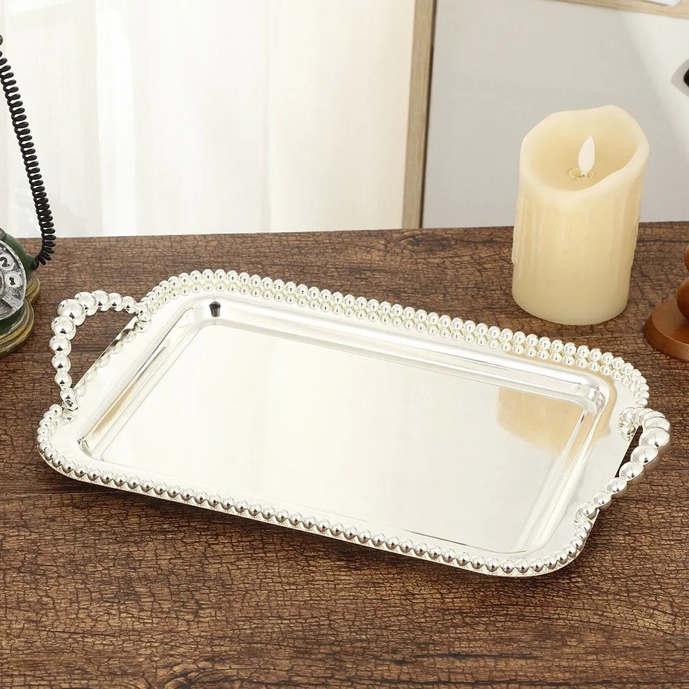 1Pc Silver Metal Serving Tray With Beaded Edge And Dual Handles For Dessert Jewelry Home Decor Kitchen Storage Organizer