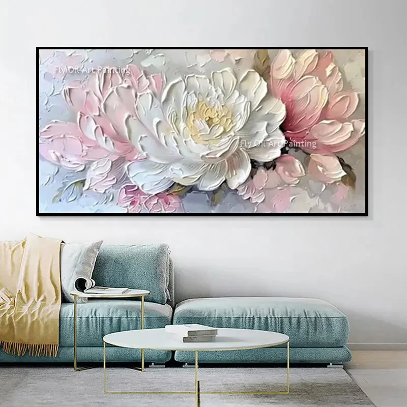 Hand Painted New Fashion Design Wall Art White Pink Knife Thick Flowers Canvas Oil Painting Specail Golden Yellow Art For Room