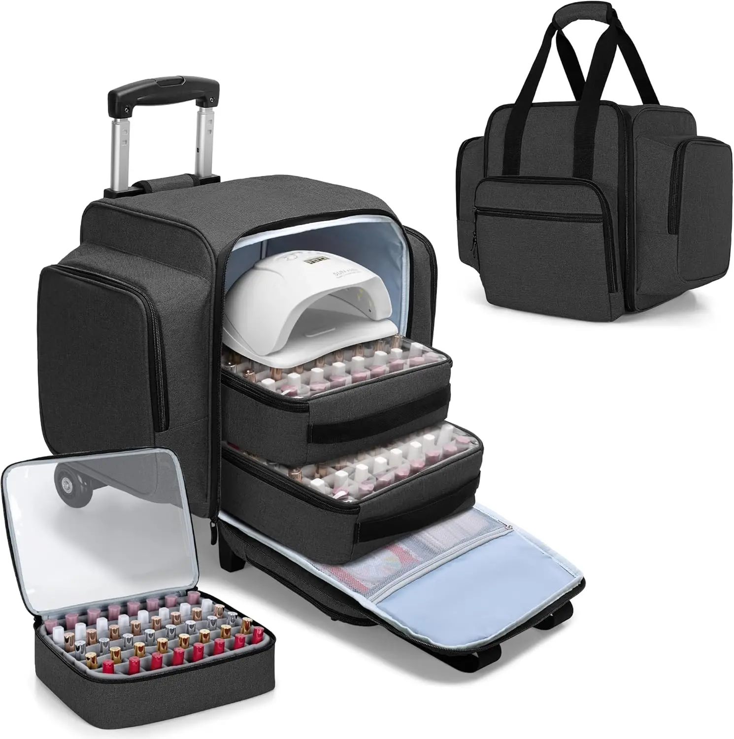 

Rolling Nail Polish Organizer Holds 144 Bottles, Detachable Dolly & 3 Removable Cases, Black