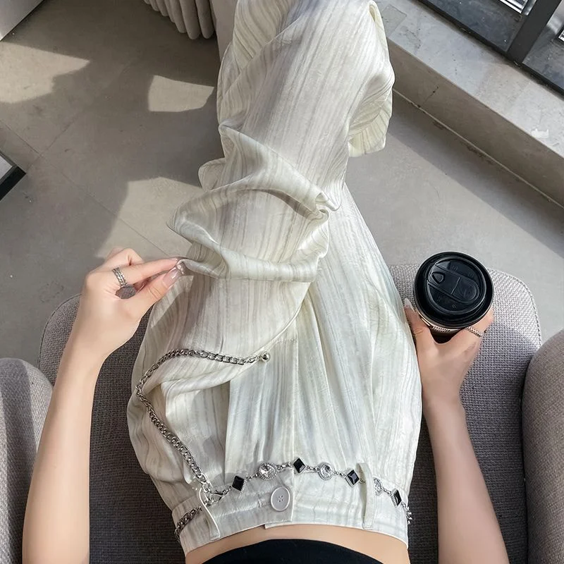 Primavera y otoño 2025, traje caído de cintura alta con estampado de pintura de tinta de pierna ancha de satén de acetato para mujer, pantalones casuales de moda