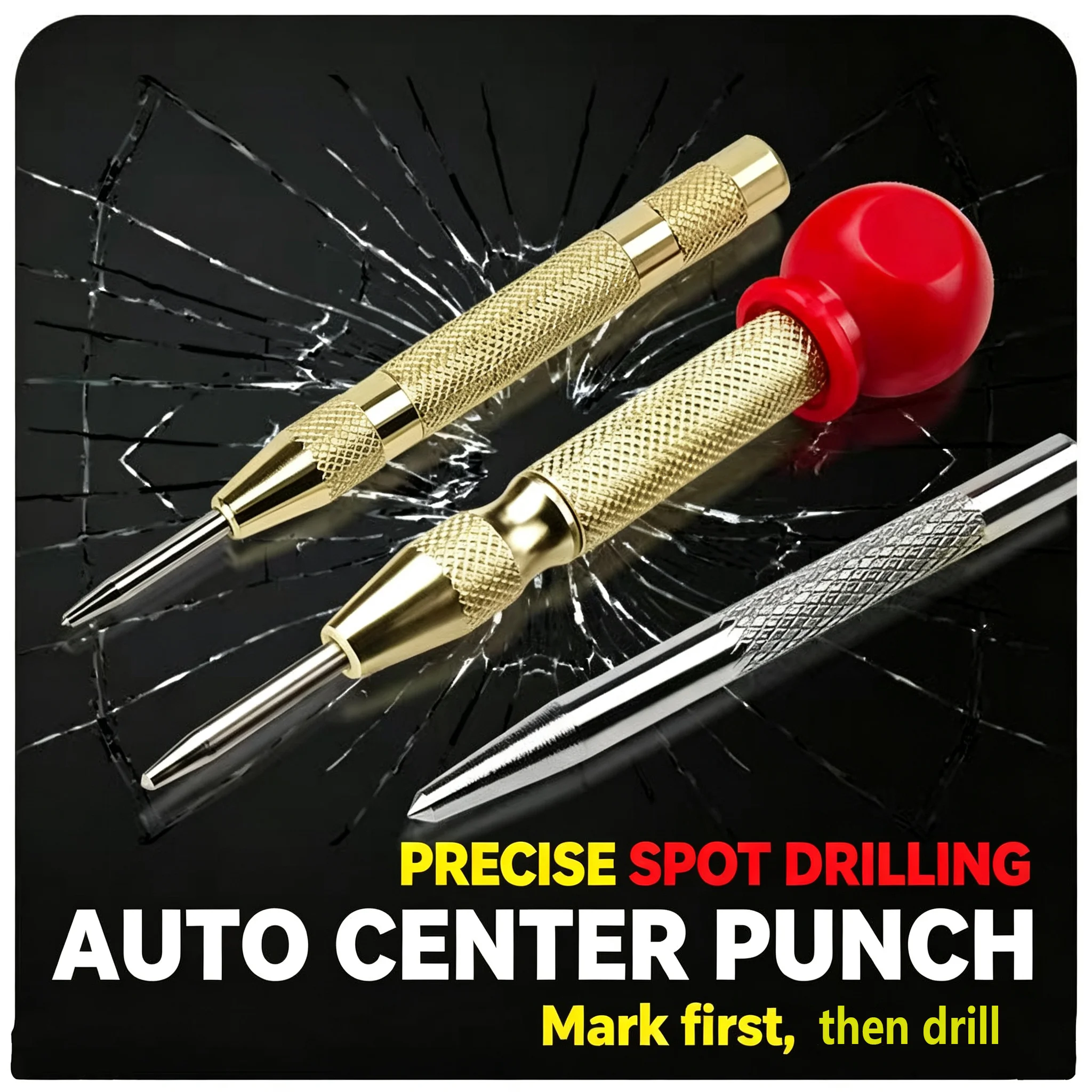 Silver Automatic Spring Loaded Center Punch Glass Breaker Window Puncher Drill Bit Center Punch Eyelet