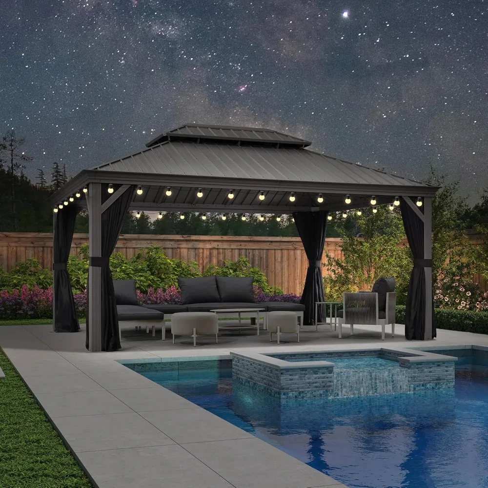 

Hardtop Aluminum Gazebo, with Netting and Curtains Heavy Duty Permanent Gazebo with Double Metal Roof for Patio Deck Lawn Garden