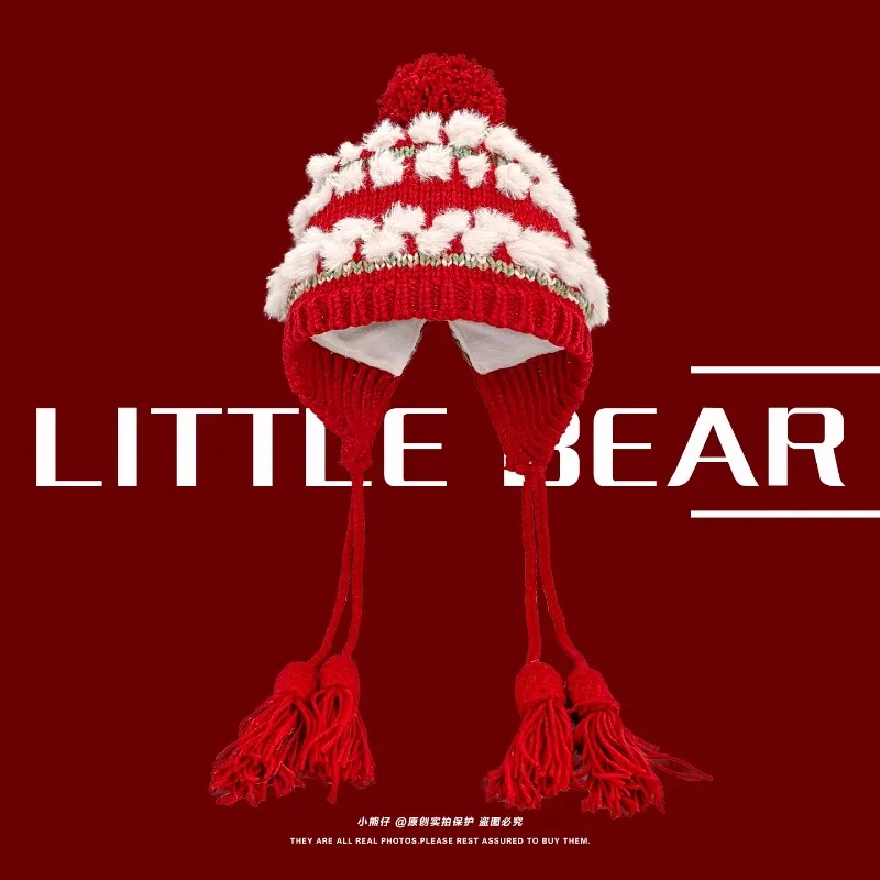 

Рождественские шапочки ручной вязки с красной кисточкой в стиле ретро для женщин, осенне-зимние толстые теплые универсальные пуловеры для защиты ушей