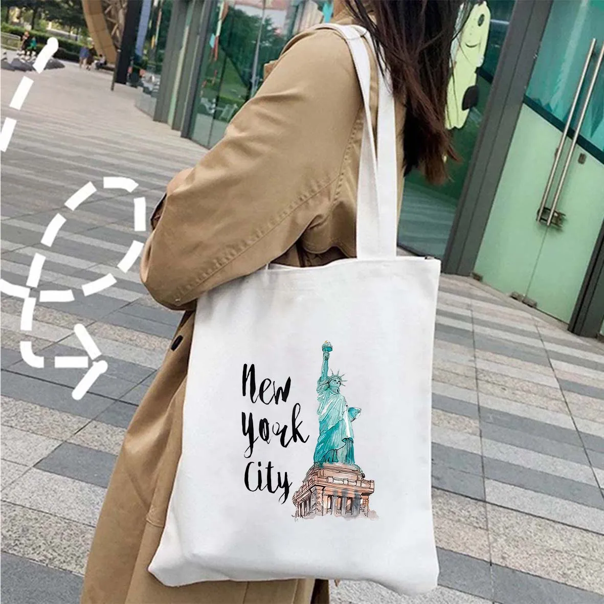 New York Amsterdam Taj Mahal Moscow Paris Milan Letter Print City Women\'s Canvas Shoulder Totes Bag Cotton ECO Shopping Handbags