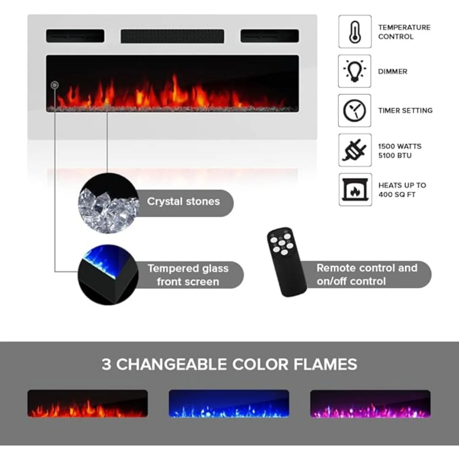 Flutuante lareira TV Stand, parede elétrica lareira com armários de armazenamento, moderno alto brilho 72 no Entertainment Center