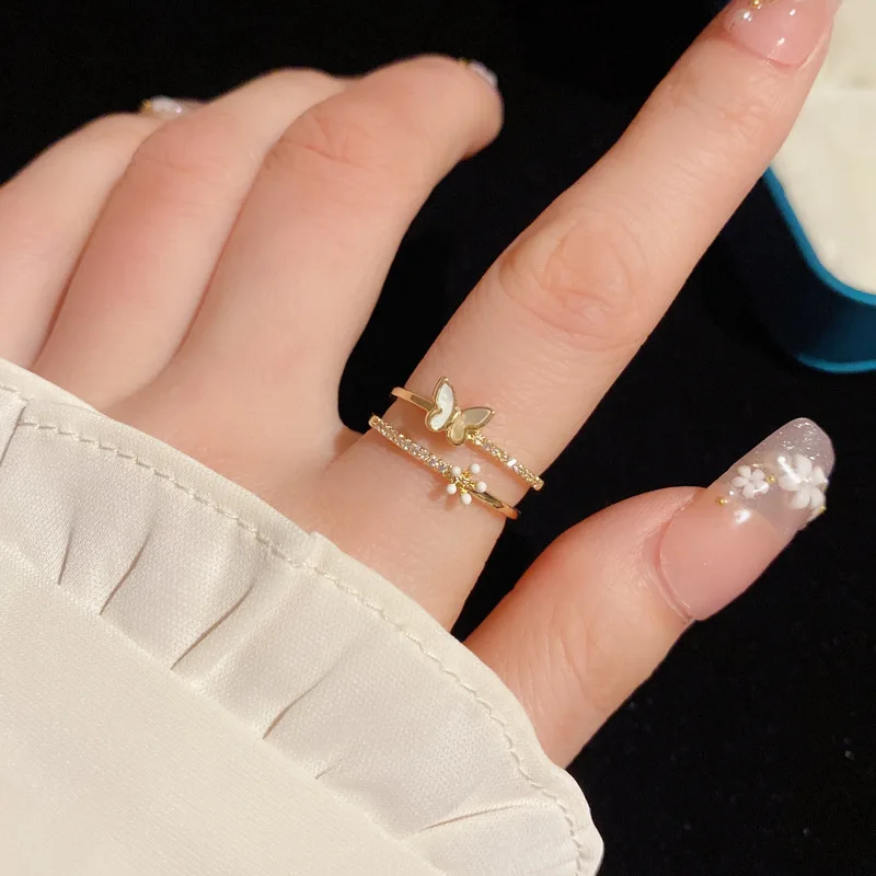 Light Luxury Fashion Double Layered Zircon Butterfly Adjustable Ring For Women Cute Fine Jewelry Niche Design Insect Accessories