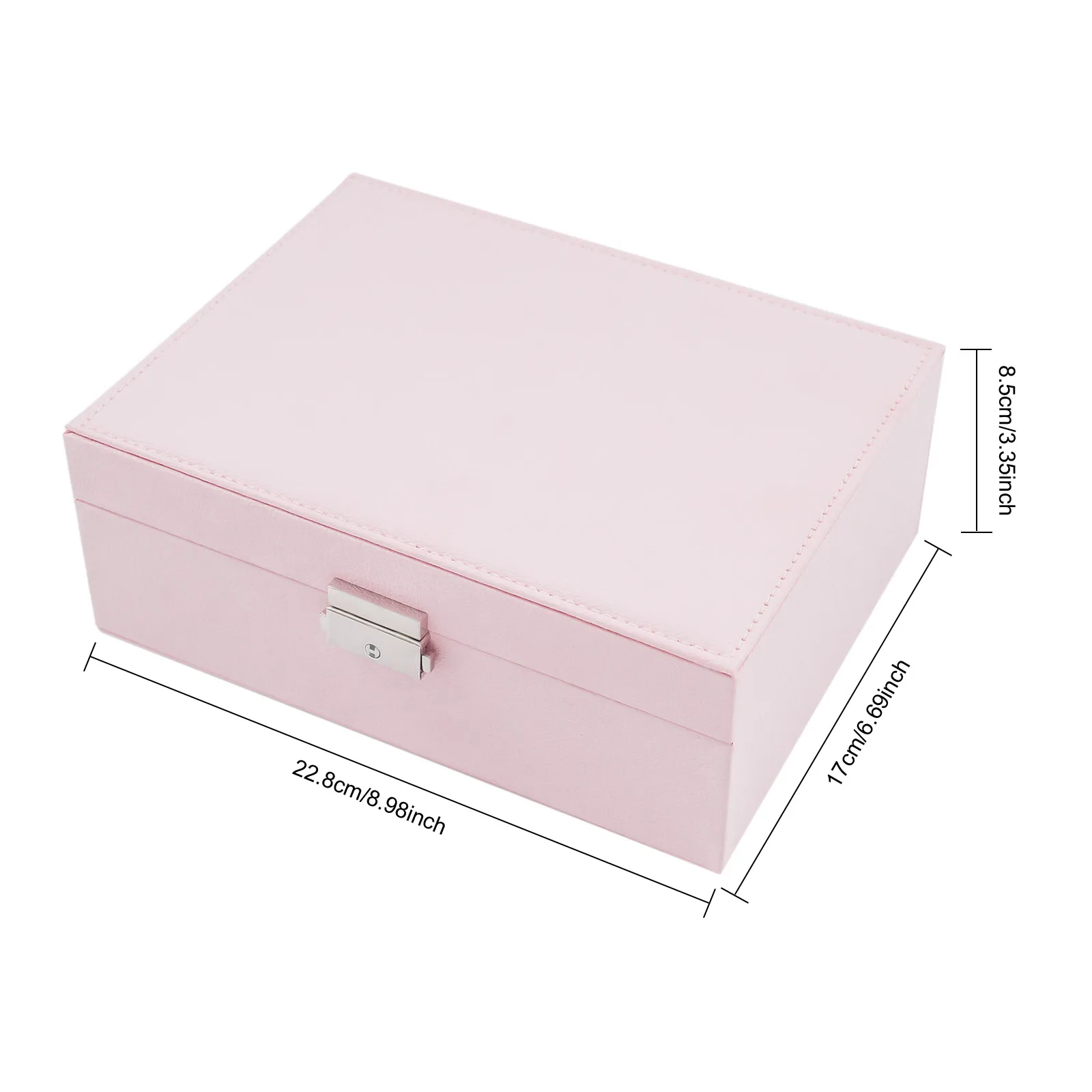 Rosa Zweistöckiges PU-Schmuckkästchen, Schmuckaufbewahrungsbox mit Schloss 8,98 × 6,69 × 3,35 Zoll für Ohrringe, Halsketten