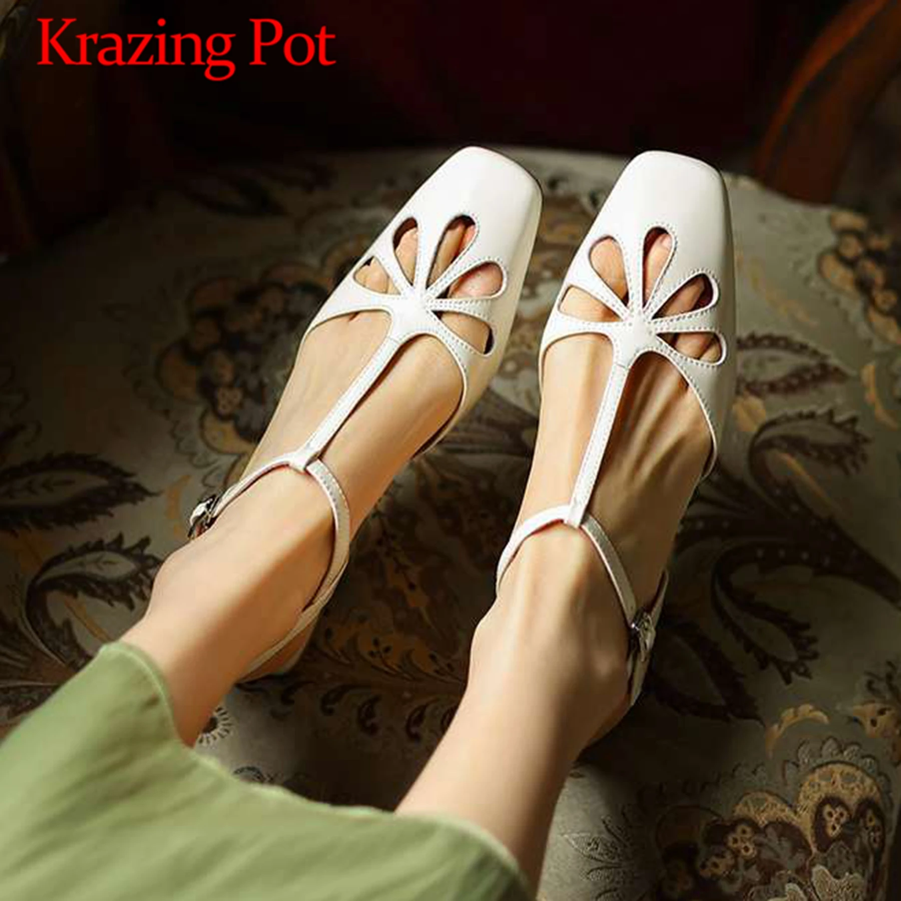 Krazing Pot Cow Leather Square Toe Hollow Out Low Heels Buckle Straps Slingback Gladiator Ins Rome Ventilate Sweet Sandals Women