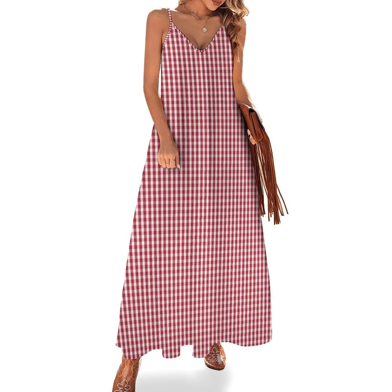 USA Flag Red and White Gingham Checked Sleeveless Dress Women's summer skirt cute dress Dress