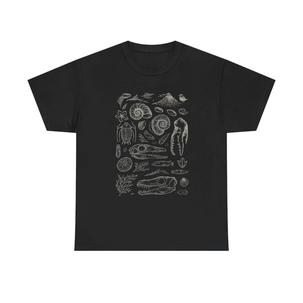 Vintage Fossil Collection T-Shirt Prehistoric Creature & Shell Sketch Tee Vintage Museum-Style Illustration for Science Fans Top