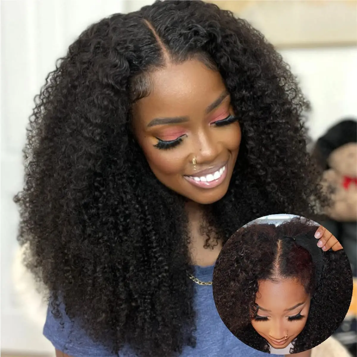 

200% Density Kinky Curly V Part Wig Human Hair Afro Curly V Part Wig Remy Hair Full Machine Made Wigs for Women on Sale