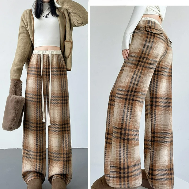 2026 Autumn Fashionable Versatile Loose Slimming Casual Straight-leg Wide-leg Pants Thickened Tweed Checkered Pants for Women