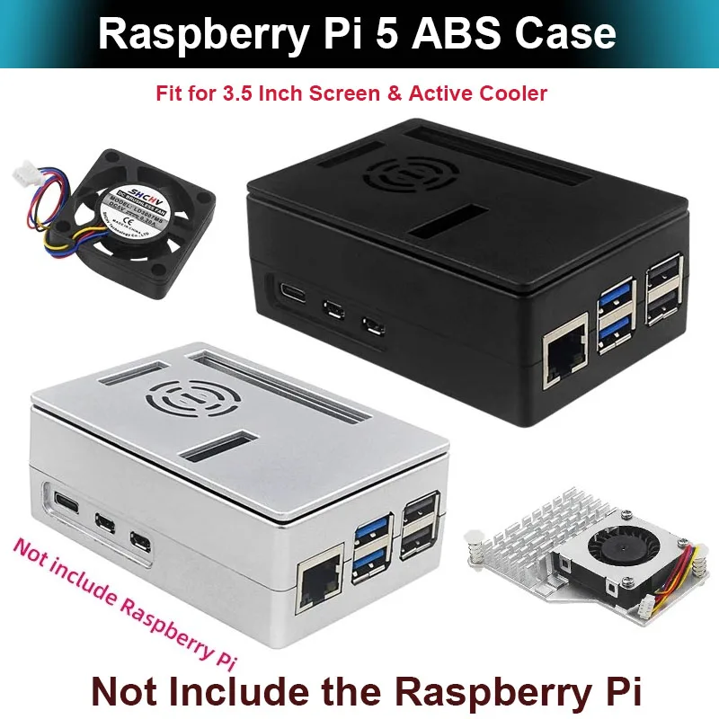 

Raspberry Pi 5 ABS Чехол черный, серебристый пластиковый корпус опционально, 3,5 дюймовый экран, ШИМ охлаждающий вентилятор, активный охладитель Pi 5 корпус для RPi 5