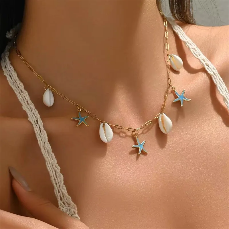 EILIECK 316L Stainless Steel Ocean Style Shell Conch Starfish Drop Necklace For Women New Summer Beach Handmade Jewelry Gift