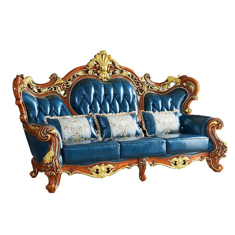 European luxury leather sofa 1234 combination of solid wood carving flowers, American retro sofa set