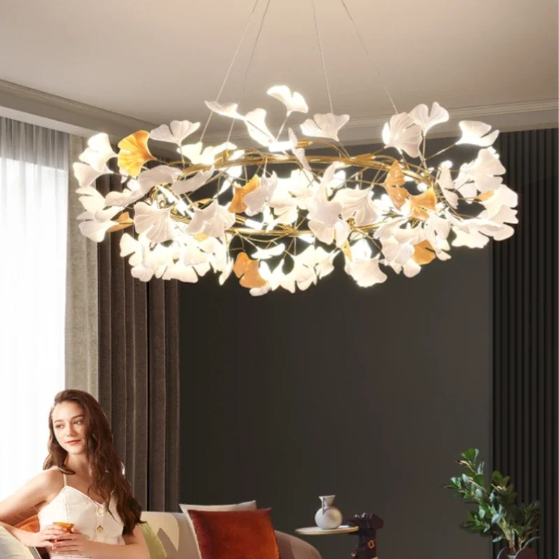 

Nordic Led Chandeliers Ginkgo Leaf Branch Gold Pendant Lights Hotel Dining Living Room Bedroom Art Lobby Decoration Chandelier