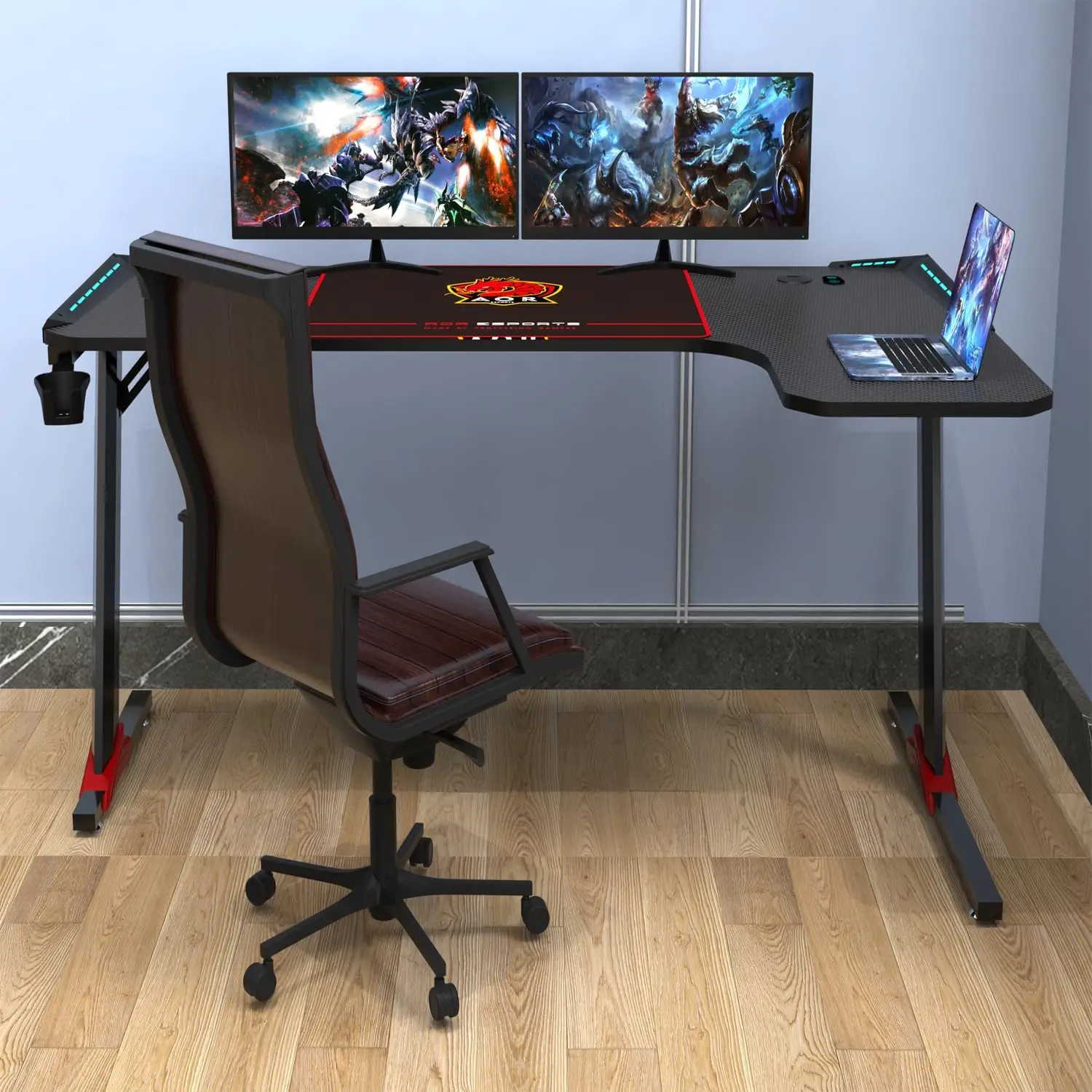 L-Shaped LED Gaming Table, Computer Corner Desk com Mouse Pad, Headphone Gancho e Suporte para Copo, Preto, 55"