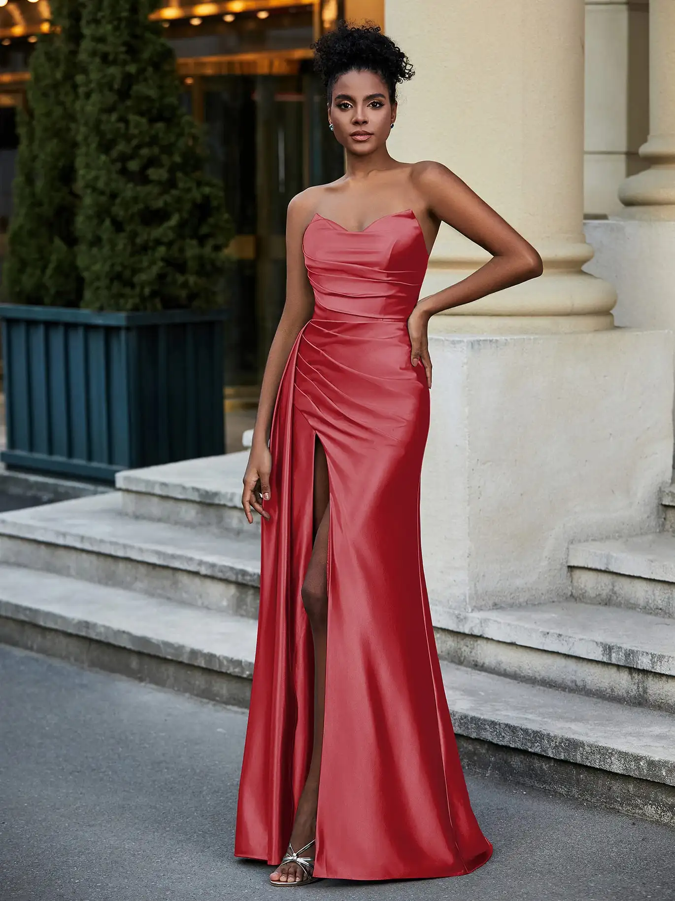 Sweetheart Stretch Satin Sweep Train Prom Dress Dusty BlBackless Cocktail Wedding Guest Long Foraml Evening Gowns with Slit 2024