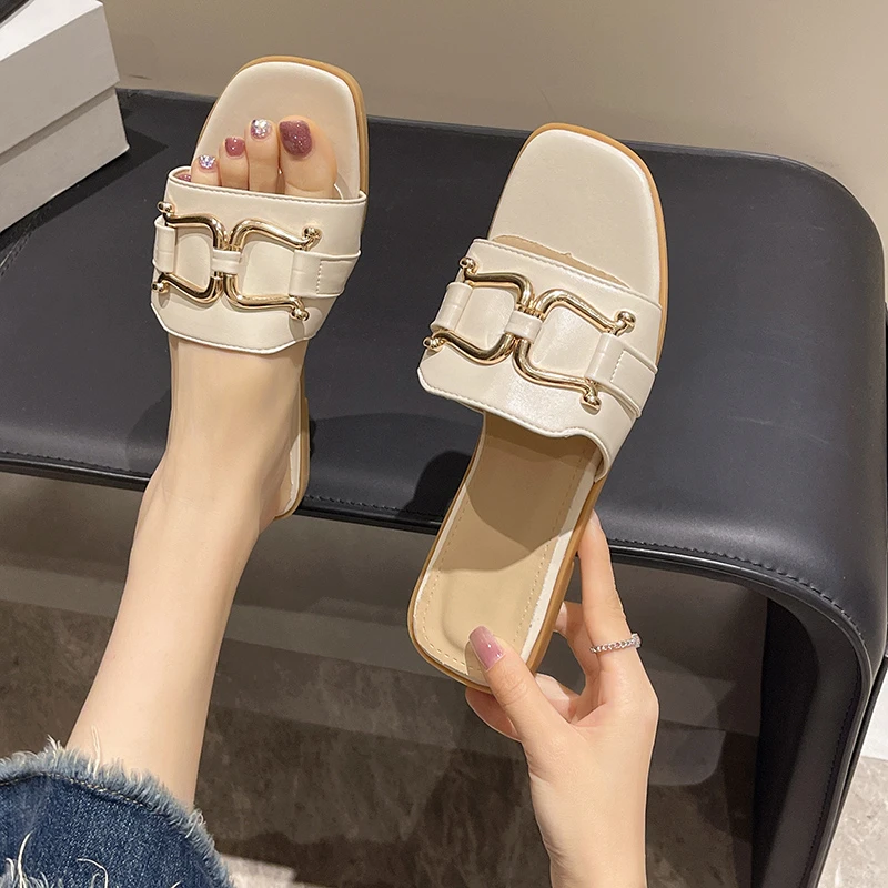 Women\'s Summer 2024 New PU Leather Fashion Simple Solid Color Sandals Daily Casual Open Toe Women Slippers Zapatos Mujer