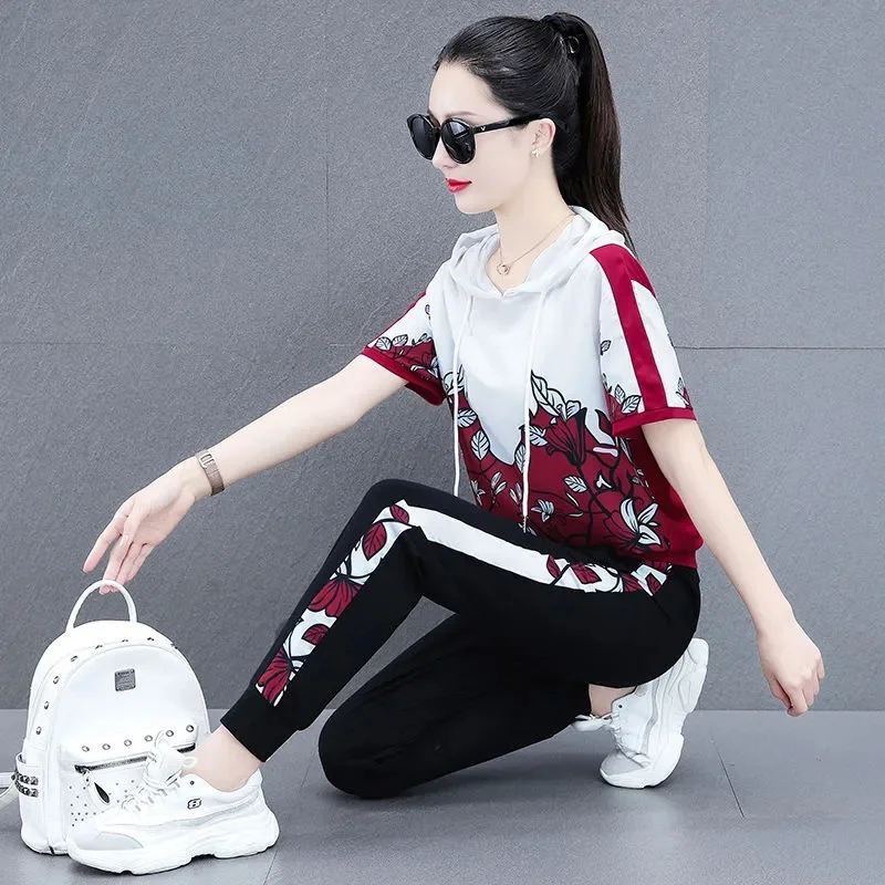 Casual Suit Women 2025 Summer New Sports Set Female Explosive High-Quality Two-Piece Hooded Running 2PCS Slim Fashion Outfit Top