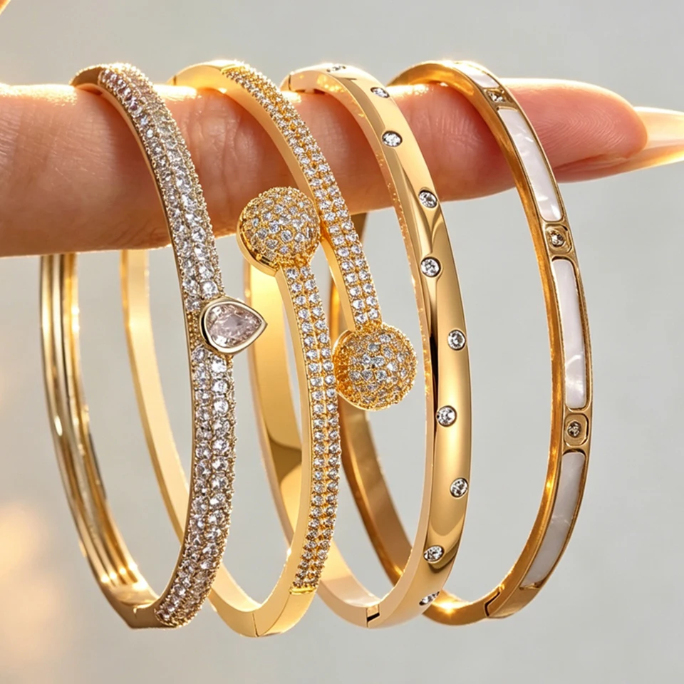 Yupsk 4/1pcs Brilliant Micro Paved Zirconia Copper Stainless Steel Bracelets Set for Women Elegant Wedding Party Jewelry
