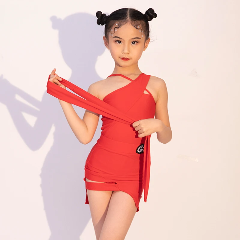 Red Black Slanted Shoulder Latin Dance Dress Girls Latin Dance Costume Salsa Dress Ballroom Chacha Dance Practice Wear SL8182