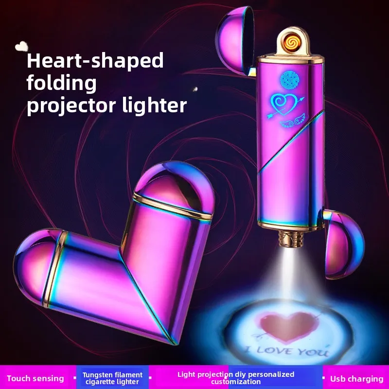 Romantic Foldable Heart Lighter – USB Rechargeable with "I LOVE YOU" Projection & Touch Sensor, 2-in-1 Rotatable Gift