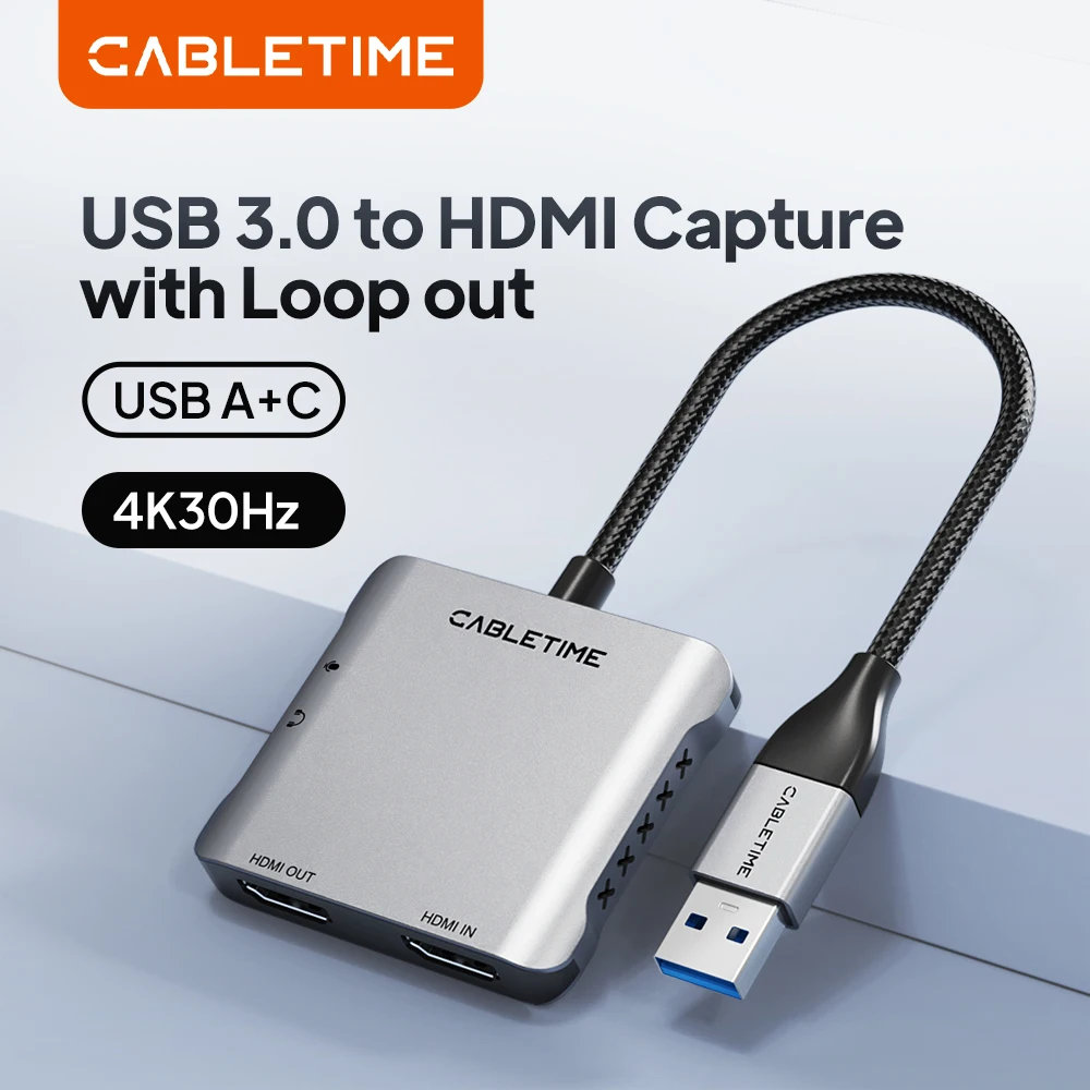 CABLETIME 4K@30Hz USB 3.0 Video Capture Card to HDMI Capture with Loop Out for USB Gaming PS5 Switch Video Streaming