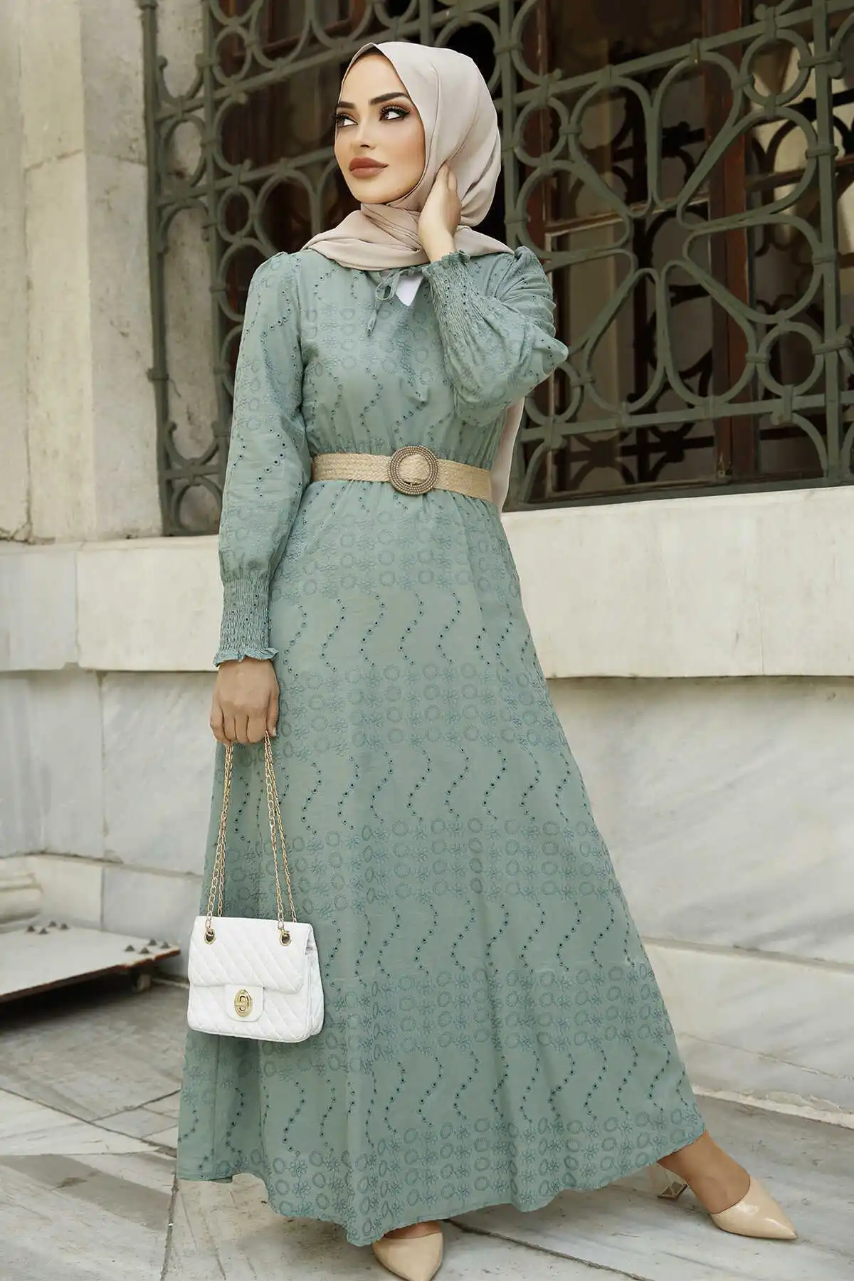 Embroideried Evening Dress Mint Winter Autumn 2021 Muslim Women Hijab headscarf Islamic Turkey