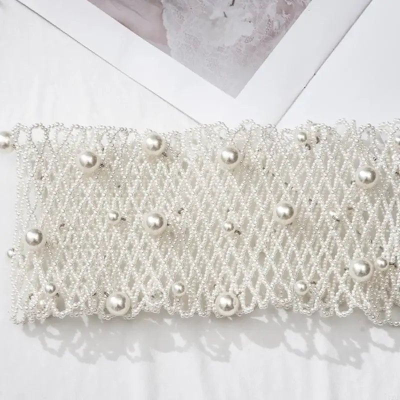 72XE Sparkly Waist Belt Pearls Corset Wideband Stretch Belt Modern Elastic Belt