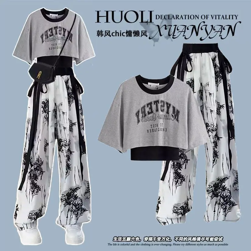 Summer Women\'s Set Korean Loose Folding True Two Piece T-shirt+Ink Painting Thin Wide Leg Pants Two Piece Set Trendy