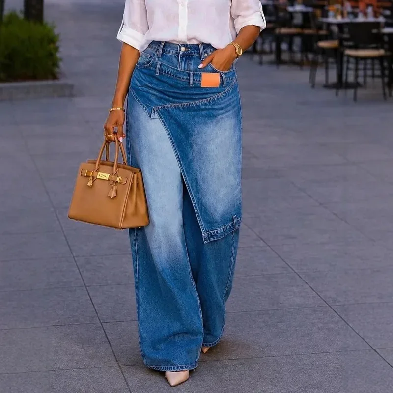 Women Irregular Wide Leg Denim Jeans High Waist Loose Straight Long Pants Streetwear Cargo Denim Trousers