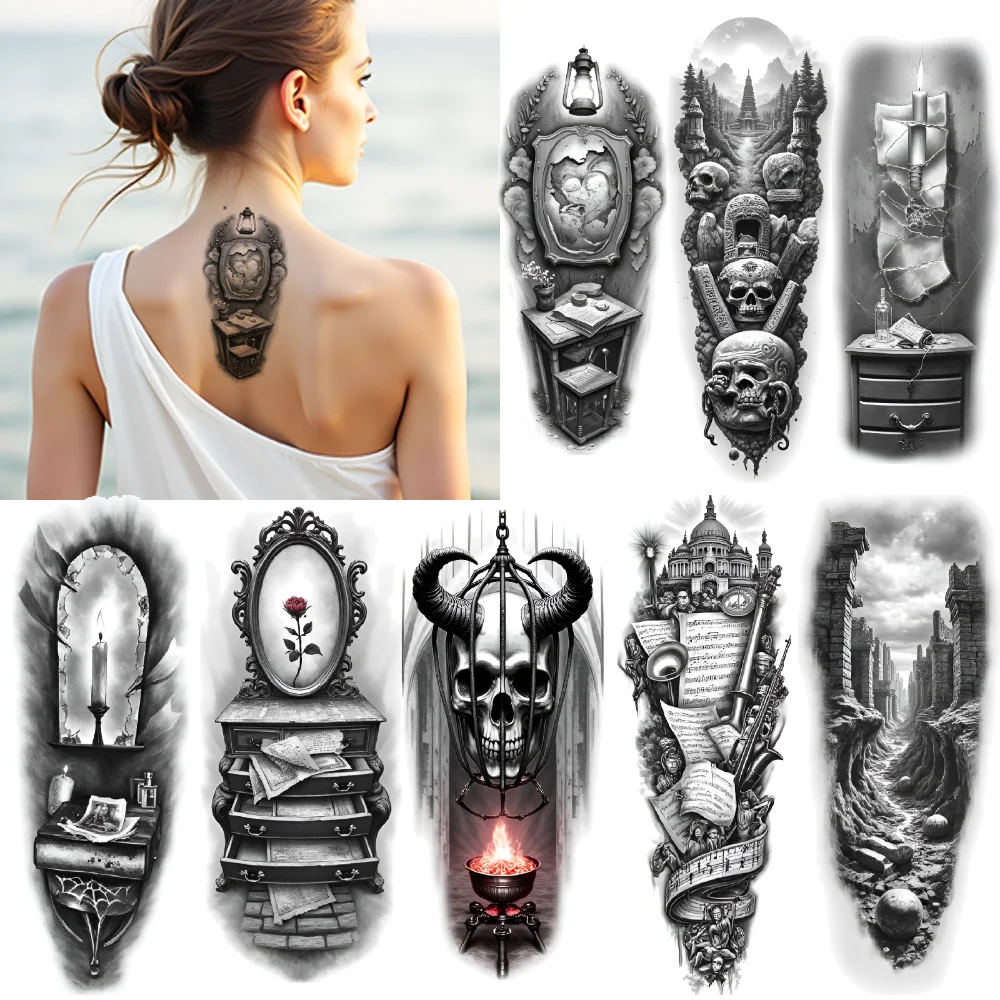 

3pcs Temporary Tattoo Rose In Mirror Black And Grey Realism Clock And Scrolls Ship On Drawer Realistic Temporary Tattoos For