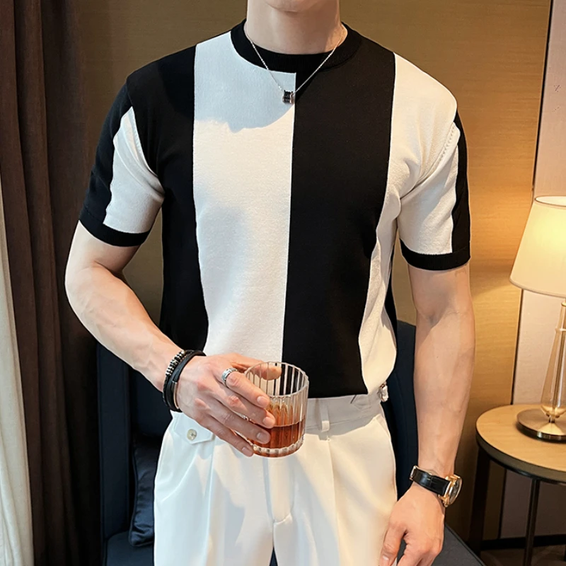 

Contrast Knit Short Sleeved T-shirt Men Loose Round Neck Casual Tshirts Black White Casual Business Tee Tops Male Clothing 2024