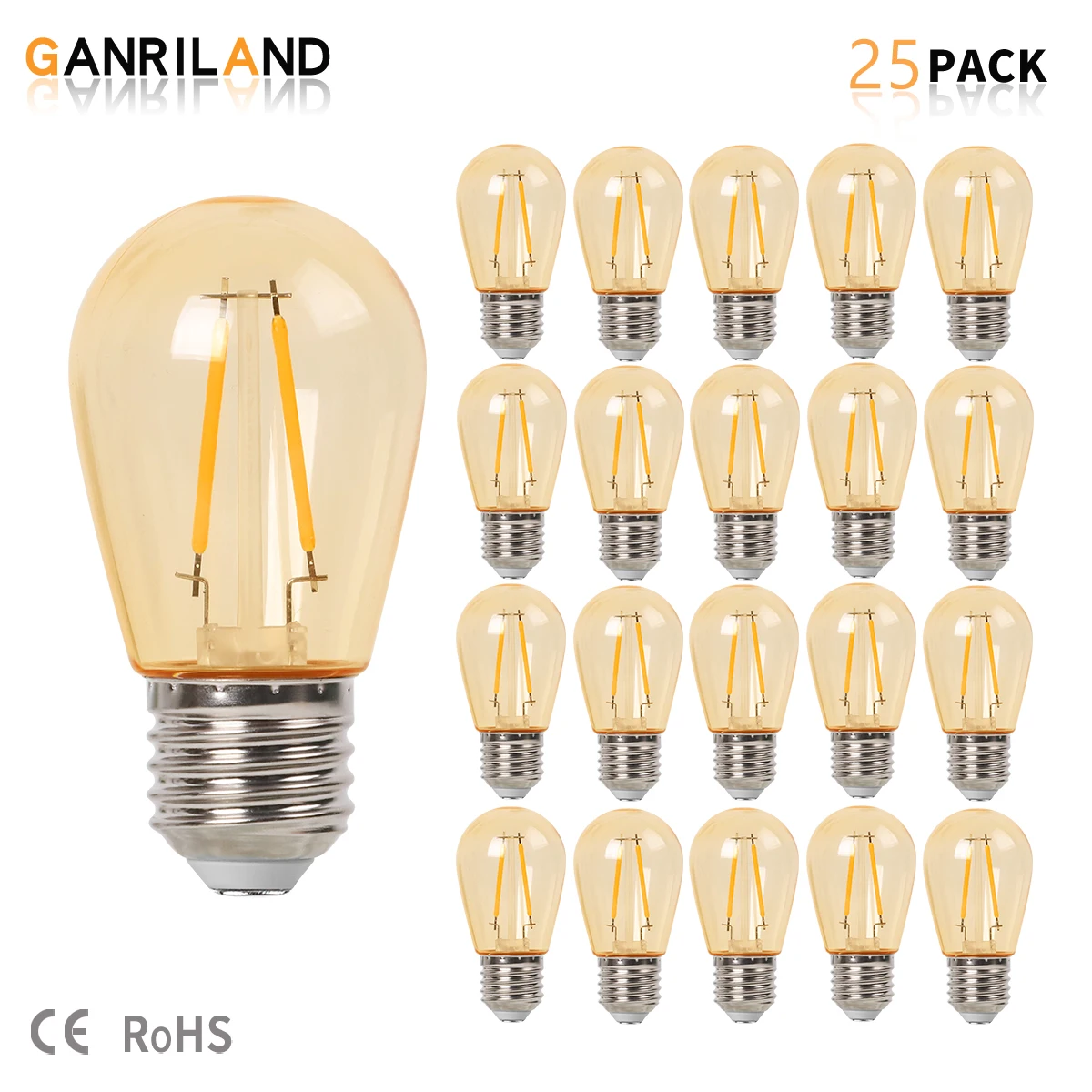 GANRILAND-Cadena de bombillas Led Edison, bombillas de plástico ámbar, E27, 220V, impermeable, IP44, blanco cálido, 2700K, Vintage, 1W, 2W, ST45,