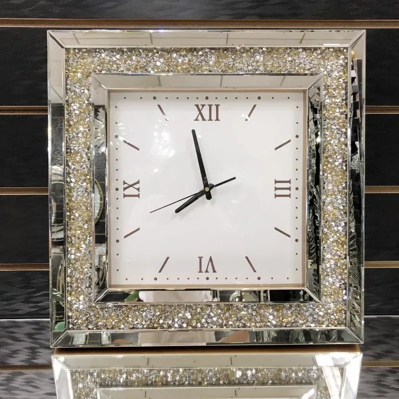 Nordic Luxury Round Square Mirror Wall Clock Living Room Creative Diamond Wall Clocks Modern Fashion Style Bedroom Decoration