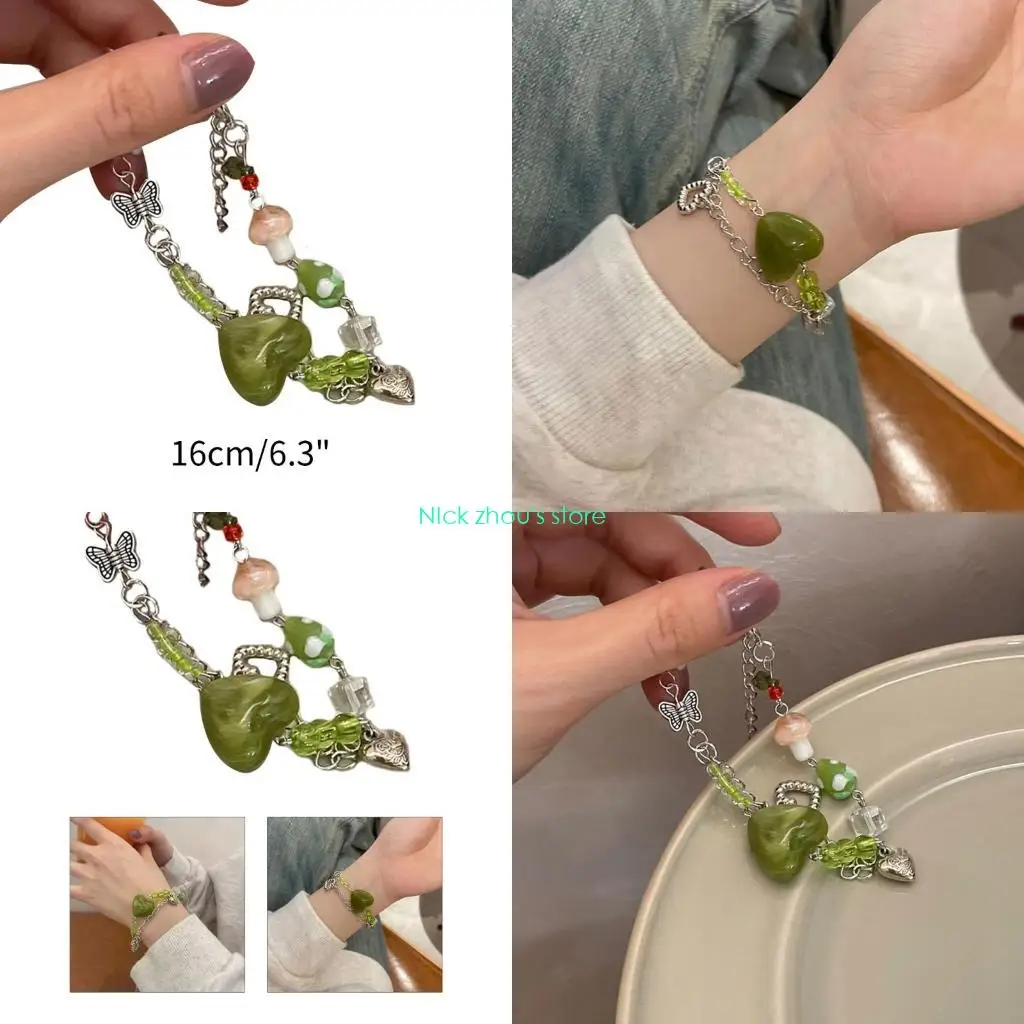 

E15E Glass Bead Mushroom Flower Pendant Link Chain Stitching Bracelet Beach Jewelry